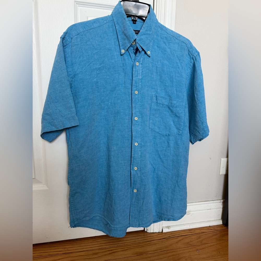 🎯McNeal Clothing Co. Pure Linen short-sleeve Casual Button-Down Shirt Men Blue M
